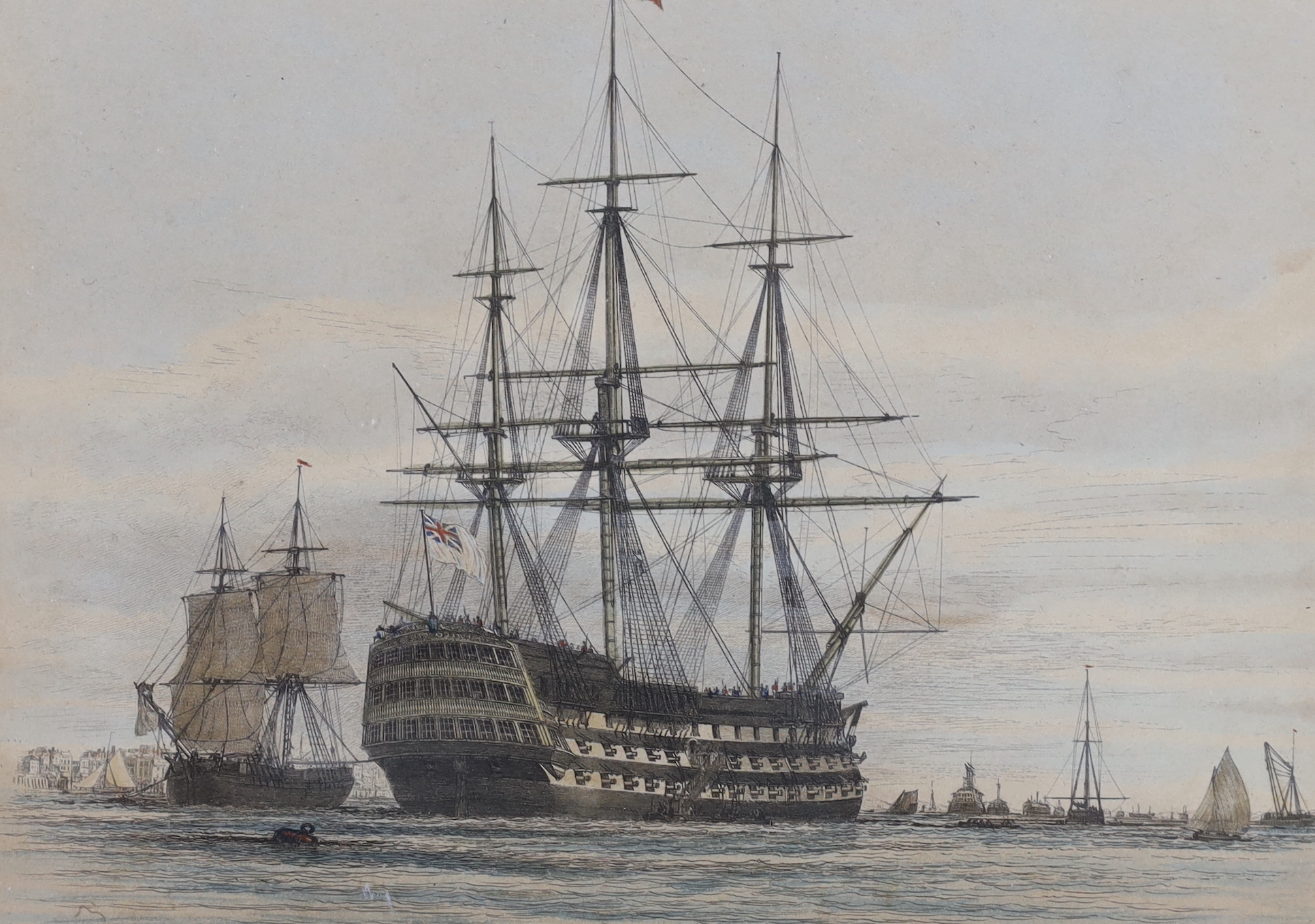 Rowland Langmaid (1897-1956), drypoint etching, 'HMS Victory at Portsmouth', signed in pencil, 5 x 21.5cm, with a coloured steel engraving of the Victory